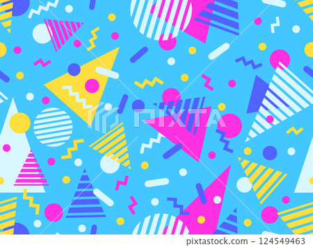 Geometric seamless pattern with memphis elements in 80s style. Colorful geometric pattern. Design of promotional products, wrapping paper and printing. Vector illustration Geometric seamless pattern with memphis elements in 80s style. Colorful geometric pattern. Design of promotional products, wrapping paper and printing. Vector illustration 124549463