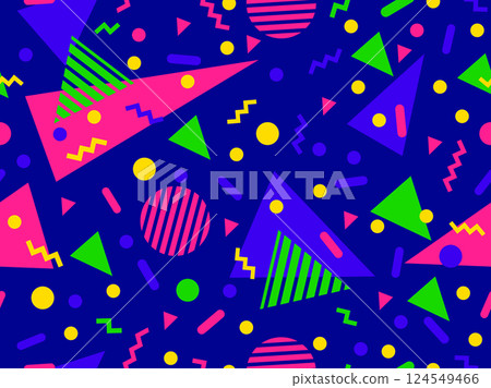 Geometric seamless pattern with memphis elements in 80s style. Colorful geometric pattern. Design of promotional products, wrapping paper and printing. Vector illustration 124549466