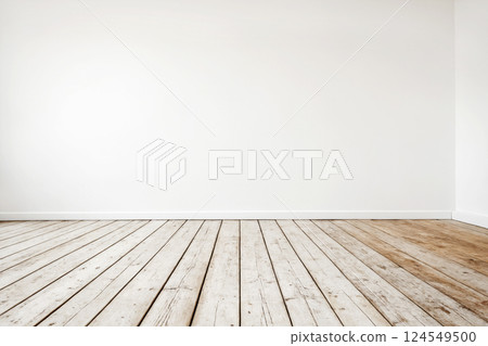 old wooden floor and white wall background 124549500