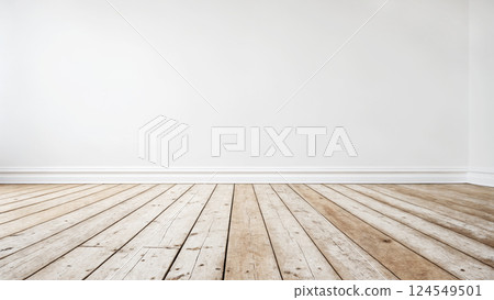 old wooden floor and white wall background 124549501