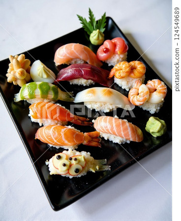 Assorted sushi platter with artistic nigiri and fresh seafood on black plate 124549689