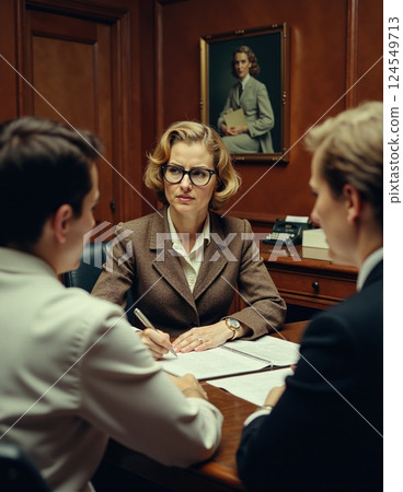 Caucasian female lawyer discussing case with colleagues in office meeting 124549713