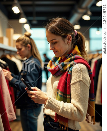 Caucasian young adult females shopping in boutique store browsing clothes 124549731