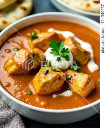 Creamy indian butter chicken curry with fresh herbs and naan bread 124549767