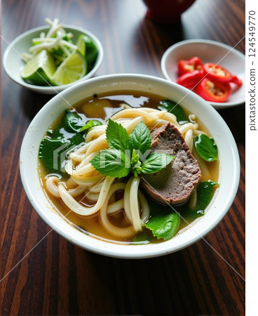 Delicious vietnamese pho with beef, fresh herbs, and lime garnish Delicious vietnamese pho with beef, fresh herbs, and lime garnish 124549770