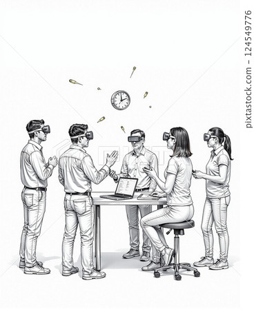 Diverse team of young adults engaged in virtual reality meeting with caucasian and asian participation 124549776