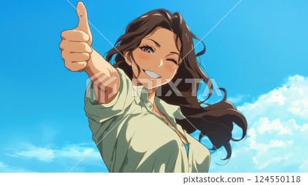 藍天下豎起大拇指的美女 124550118