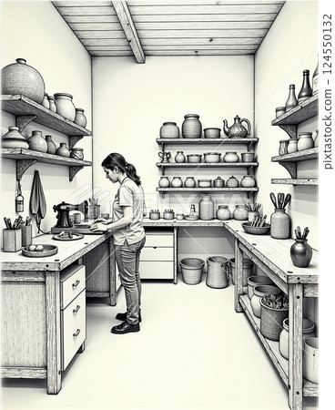 Female preparing food in a rustic kitchen with pottery and shelves 124550132