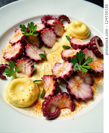 Gourmet octopus salad with aioli and garnish on white plate 124550138