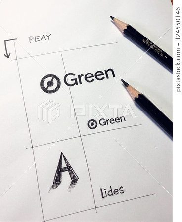 Hand-drawn logo draft with pencils on paper 124550146