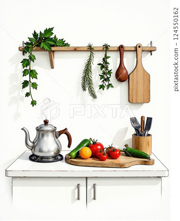 Minimalist kitchen setup with fresh vegetables and herbs on wooden shelves 124550162