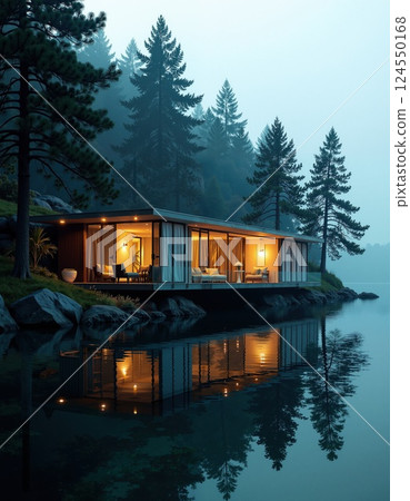 Modern lakeside cabin at dusk with forest reflection in tranquil waters 124550168