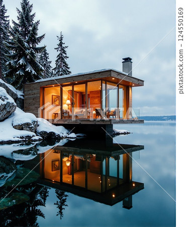 Modern lakeside cabin reflection in winter wonderland Modern lakeside cabin reflection in winter wonderland 124550169