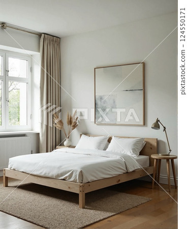 Modern minimalist bedroom with wooden bed frame and abstract art 124550171