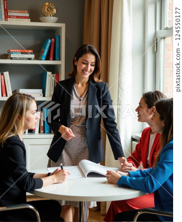 Professional meeting with female caucasian adults collaborating in office setting 124550177