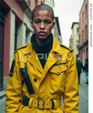 Young african male in vibrant yellow jacket on urban street 124550219