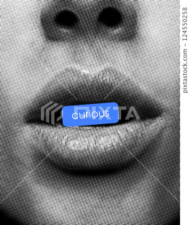 Curious. Contemporary collage. Slightly open lips, blue label symbolizing inquisitiveness. Comic-style halftone effect. 124550258