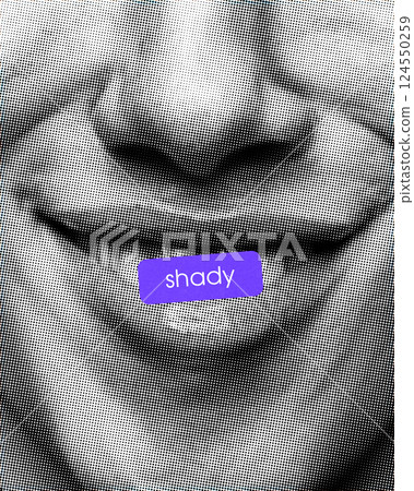 Shady. Composite image features pursed lips, purple label symbolizing suspicion. Comic-style halftone effect. Shady. Composite image features pursed lips, purple label symbolizing suspicion. Comic-style halftone effect. 124550259
