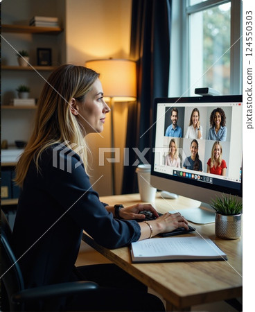 Young caucasian female professional on video conference with diverse colleagues in modern office setting Young caucasian female professional on video conference with diverse colleagues in modern office setting 124550303