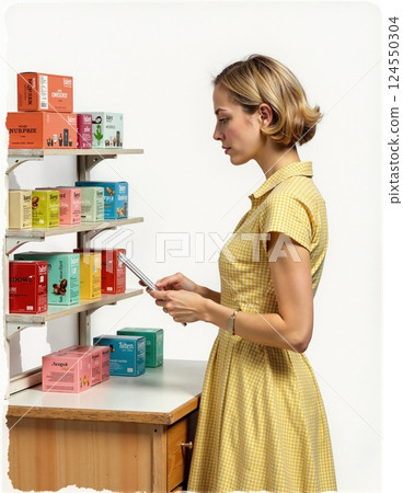 Young caucasian female shopper browsing colorful tea selection in yellow dress Young caucasian female shopper browsing colorful tea selection in yellow dress 124550304
