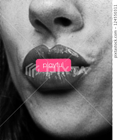 Playful. Creative artwork. Lips, with pink label symbolizing flirt. Comic-style halftone effect. Monochrome. 124550311