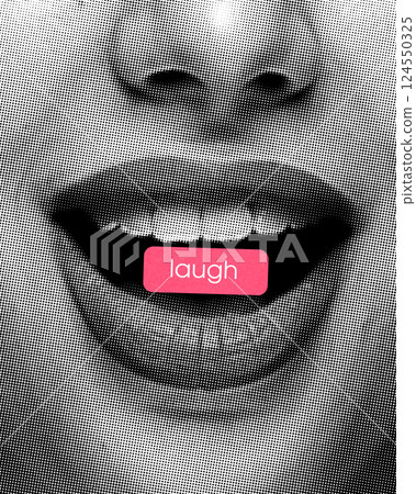 Laugh. Contemporary art collage. Woman mid-laugh, relaxed expression with playful mood. Pink label in mouth. Comic-style halftone. Laugh. Contemporary art collage. Woman mid-laugh, relaxed expression with playful mood. Pink label in mouth. Comic-style halftone. 124550325