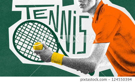 Poster. Contemporary art collage. Tennis player preparing serve with intense focus near bold green typography Poster. Contemporary art collage. Tennis player preparing serve with intense focus near bold green typography 124550394