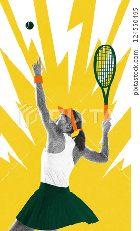 Poster. Contemporary art collage. Female athlete jumping to serve tennis ball with power and precision against explosive yellow shapes. Poster. Contemporary art collage. Female athlete jumping to serve tennis ball with power and precision against explosive yellow shapes. 124550495