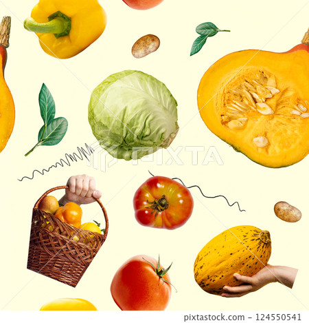 Seamless pattern with cabbage, squash, tomatoes, basket, and vegetables against pale yellow background. Textures. Concept of organic farming Seamless pattern with cabbage, squash, tomatoes, basket, and vegetables against pale yellow background. Textures. Concept of organic farming 124550541