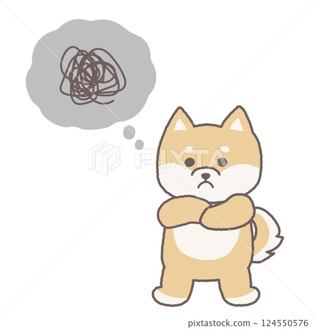 A full-body illustration of a cute Shiba Inu character thinking with his arms folded A full-body illustration of a cute Shiba Inu character thinking with his arms folded 124550576