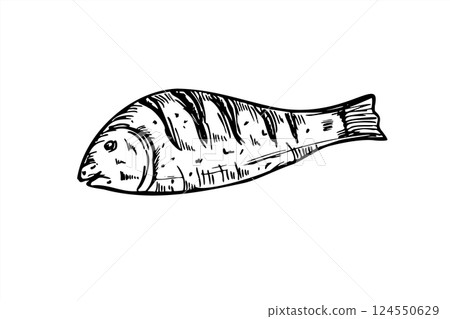Whole grilled Mediterranean fish line art black ink sketch. Monochrome mullet or sea bream vector illustration. BBQ dorado for seafood restaurant menus, fish market branding, cooking blog 124550629
