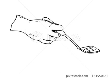 Hand holding slotted plastic or wooden spatula vector illustration. Kitchen utensil etching drawing. Handcrafted cooking tool for cooking tutorials, kitchenware packaging, recipe blogs. 124550632
