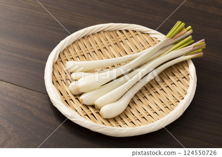 Shallots on a tray placed on a board Shallots on a tray placed on a board 124550726