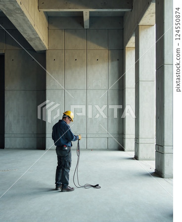 Construction worker with equipment in a modern architectural space Construction worker with equipment in a modern architectural space 124550874