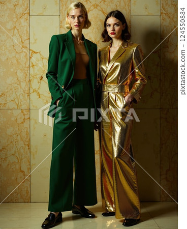 Elegant fashion statement with green suit and gold metallic outfit for modern styling ideas Elegant fashion statement with green suit and gold metallic outfit for modern styling ideas 124550884