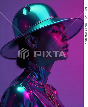 Futuristic fashion portrait with metallic neon colors for modern design concepts 124550916