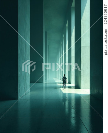 Futuristic indoor architecture with light and shadow patterns creating a dramatic and minimalistic ambiance 124550917