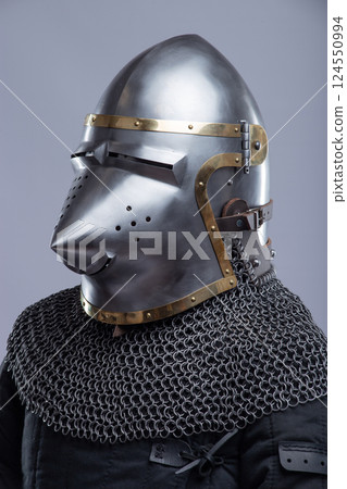 Close-Up of a Medieval Bascinet Helmet with Hounskull Visor 124550994
