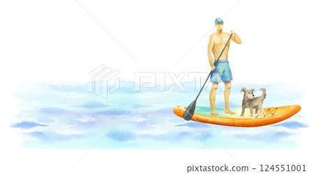 young man with dog swims on SUP board watercolor isolated illustration. Standup paddle boarder floating in sea water on summer vacation. Modern sports outdoor activity clipart in simple sketch style young man with dog swims on SUP board watercolor isolated illustration. Standup paddle boarder floating in sea water on summer vacation. Modern sports outdoor activity clipart in simple sketch style 124551001