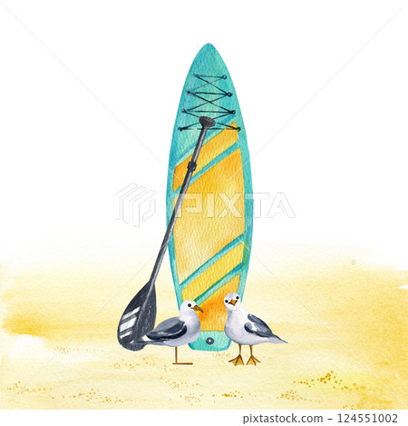 watercolor inflatable paddleboard stands on a sandy beach, black paddles, two seagull, hand drawn illustration of bright stand up paddle board, SUP and equipment, sketch of summer vacation on water 124551002