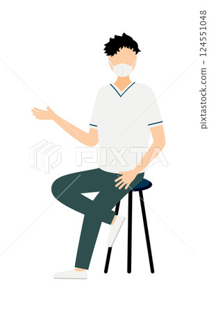 A simple illustration of a black-haired male nurse sitting in a chair and talking A simple illustration of a black-haired male nurse sitting in a chair and talking 124551048
