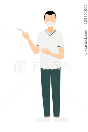 A simple illustration of a male nurse with a wide forehead giving an injection A simple illustration of a male nurse with a wide forehead giving an injection 124551062