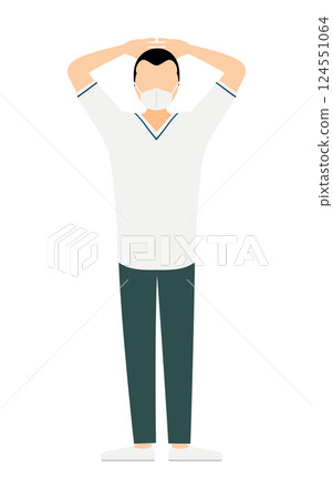 A simple illustration of a male nurse with a broad forehead clasping his hands behind his head 124551064