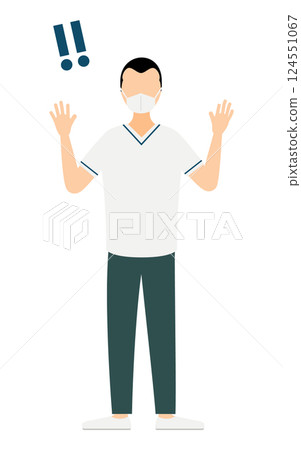 A simple illustration of a male nurse with a broad forehead raising his hand in surprise 124551067