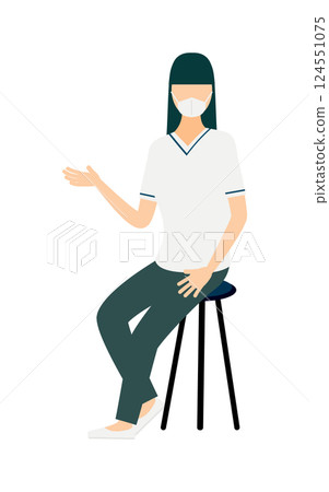 A simple illustration of a long-haired female nurse sitting in a chair and talking 124551075