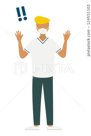 A simple illustration of a male nurse with a pompadour raising his hand in surprise 124551103