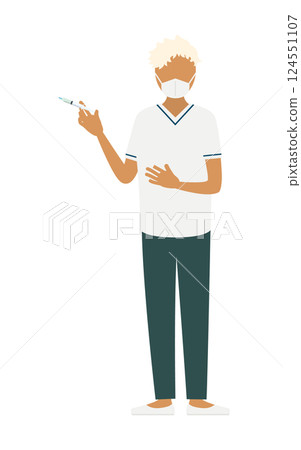 A simple illustration of a platinum blonde female nurse giving an injection 124551107