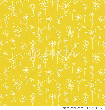 Bright yellow background with silhouette of wild flowers and herbs 124551117
