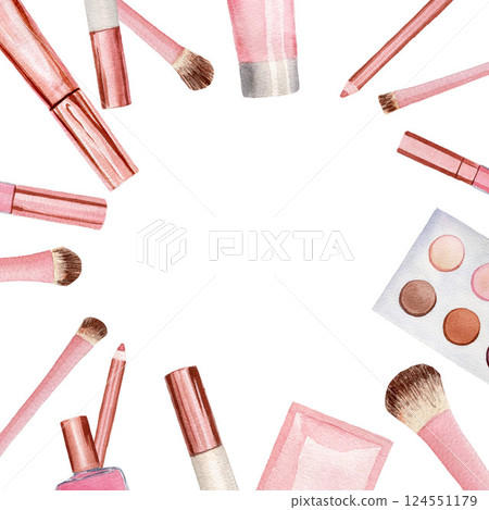 Round composition with cosmetic products. Watercolor illustration, composition isolated on white background for cards, invitations, postcards Round composition with cosmetic products. Watercolor illustration, composition isolated on white background for cards, invitations, postcards 124551179