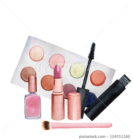 Composition with make up products, lipstick, nail polish, mascara, eye shadow, watercolor illustrations isolated on white background. For design, card Composition with make up products, lipstick, nail polish, mascara, eye shadow, watercolor illustrations isolated on white background. For design, card 124551180